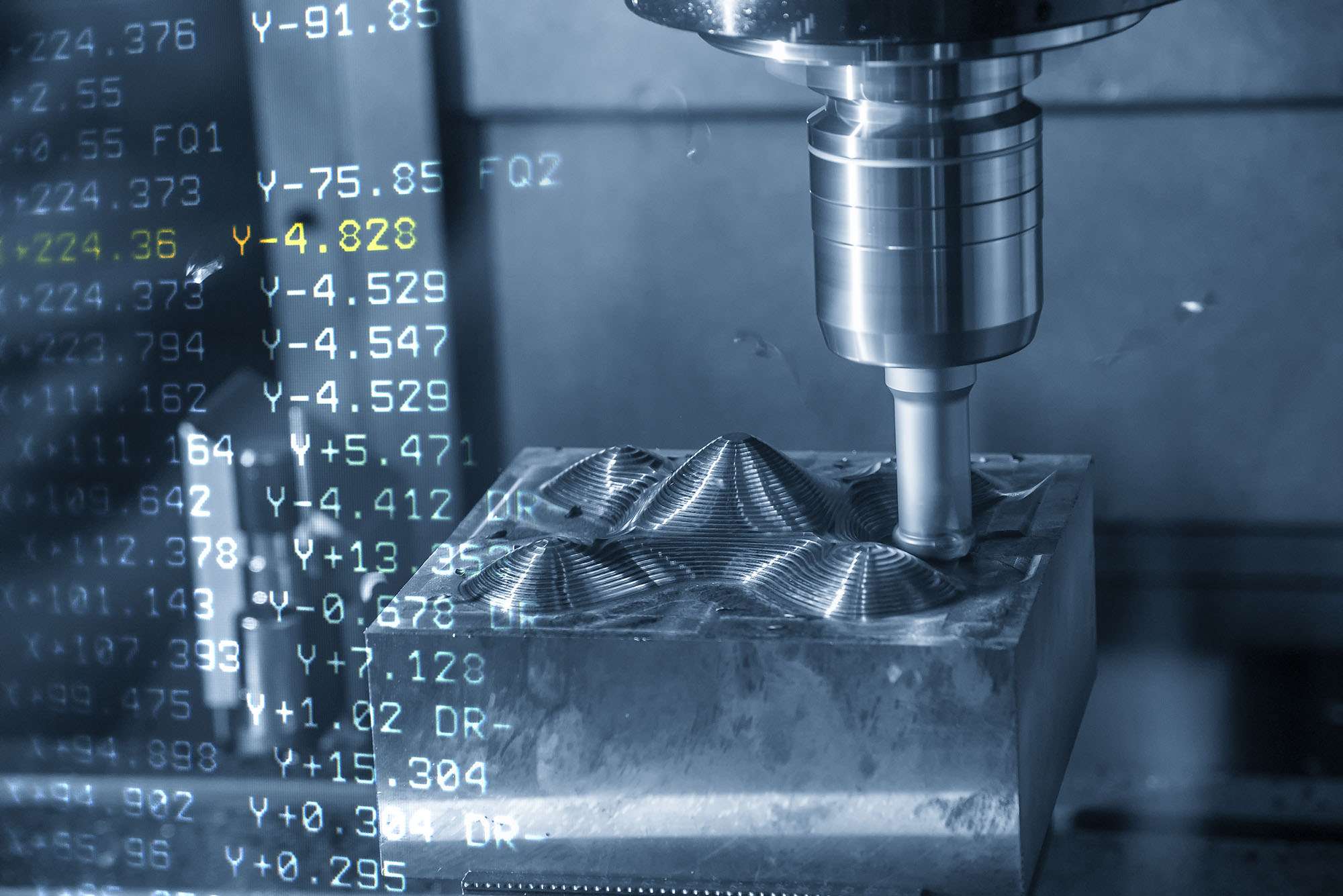 The abstract scene of G-code data background and the CNC milling